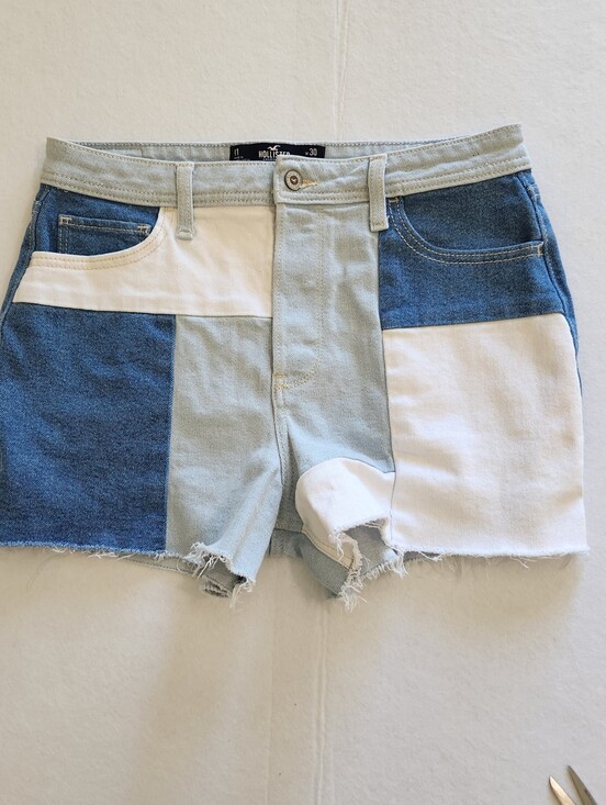 Hollister Pants - Hollister Ultra High Rise Patchwork Blue & White Jean Shorts Button Fly Size 11